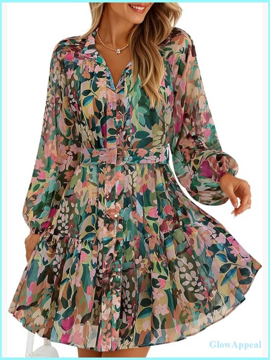 Dresses & Skirts - Long Sleeve Floral Mini Dress Chiffon A-Line Swing Party Dress